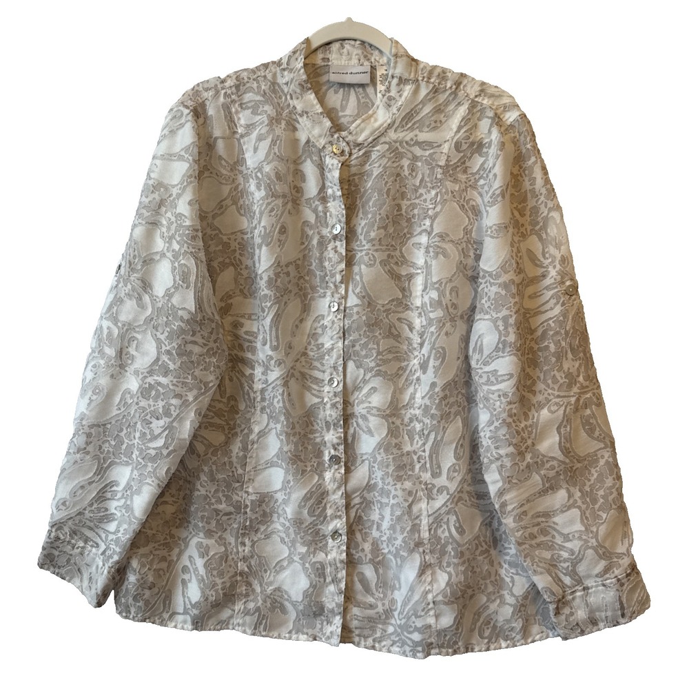 Alfred Dunner White Sheer Burnout Collarless Button‎ Up Blouse Jacket 16 Chic